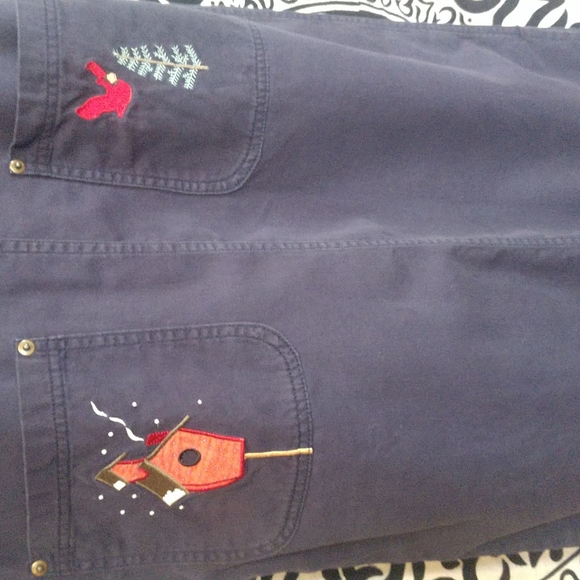 Womens dark blue overall dress by Christopher & Banks with birds. Size M. - Picture 4 of 8